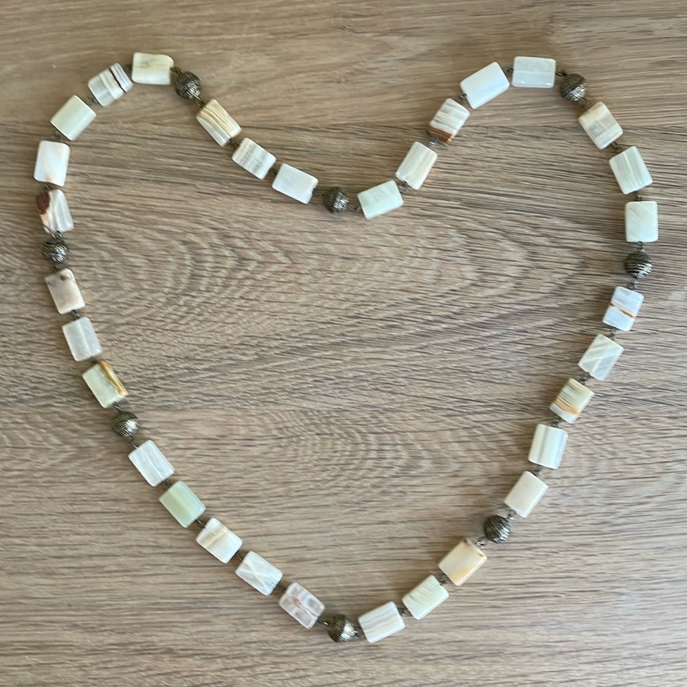 HAND CRAFTED Boho Statement Necklace Antiqued Brass & Italian Onyx White Cream - Picture 3 of 10